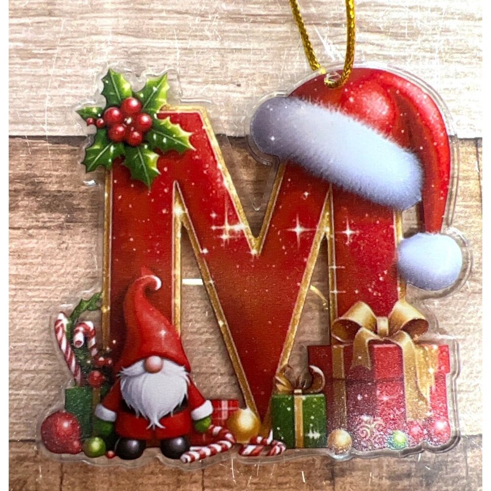 Christmas Initial "M" Ornament With Gnome Santa Hat & Gifts